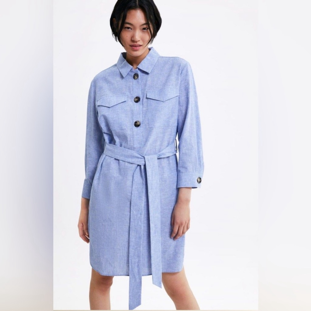 Zara linen cotton blend Shirt Dress Blue Button-Up belter striped small